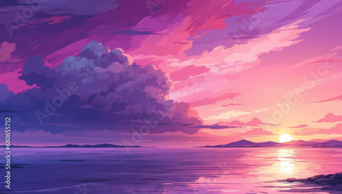 Beautiful pink and purple sunset or sunrise. Lake and mountains. Anime style