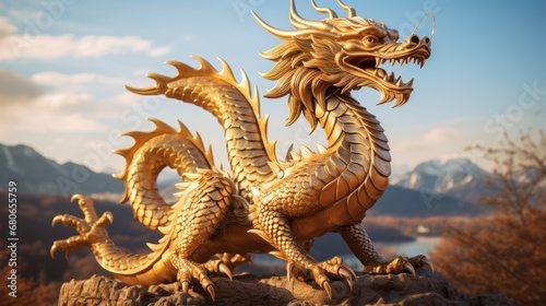  a golden dragon statue on a rock in front of a mountain range with a blue sky and clouds in the background, with a mountain range in the distance, in the foreground © Anna