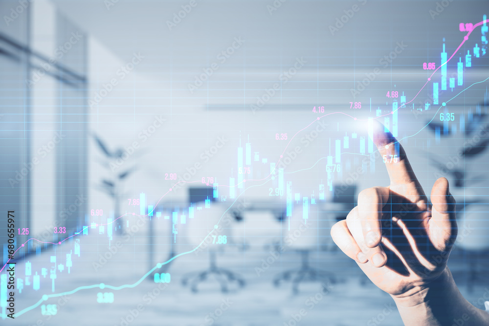 Close up of businessman hand pointing at glowing upward candlestick forex chart on blurry grid office interior background. Trade, finance and money concept. Double exposure. Close up of businessman hand pointing at glowing upward candlestick forex chart on blurry grid office interior background. Trade, finance and money concept. Double exposure.