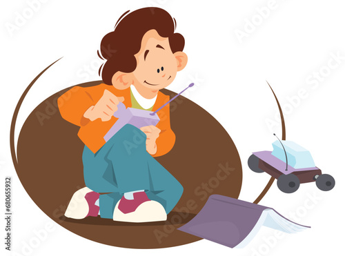 Boys play with radio-controlled cars. Illustration for internet and mobile website.