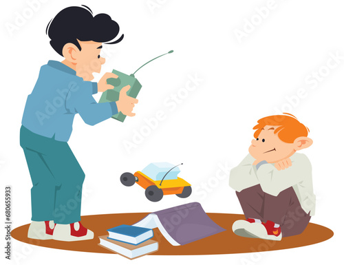 Boys play with radio-controlled cars. Illustration for internet and mobile website.