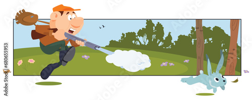 Hunter tries to hunt hare. Illustration for internet and mobile website.