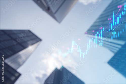 Abstract glowing upward candlestick forex chart on blurry city grid background. Trade, finance and money concept. Double exposure.