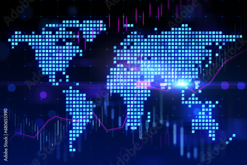 Abstract glowing digital pixel squares map of the world with spotlights and business chart. Global business concept. 3D Rendering.