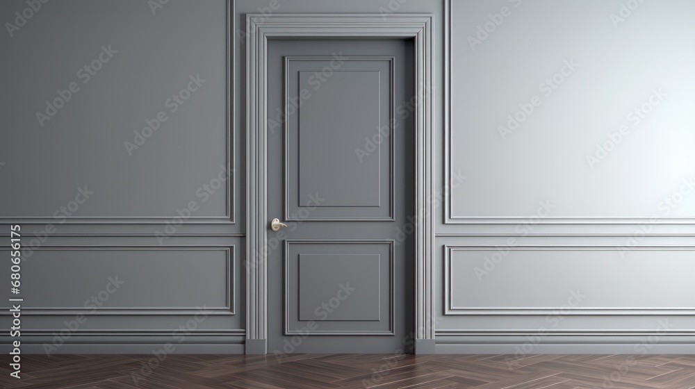  an empty room with a wooden floor and a door in the center of the room is a herringbone floor and a gray wall with white paneled paneling.