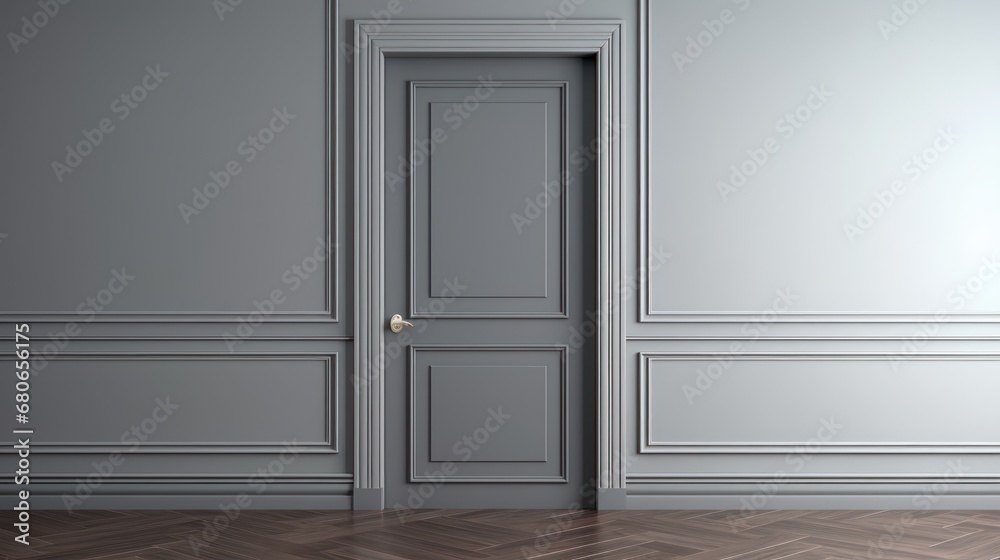 an empty room with a wooden floor and a door in the center of the room is a herringbone floor and a gray wall with white paneled paneling. an empty room with a wooden floor and a door in the center of the room is a herringbone floor and a gray wall with white paneled paneling.