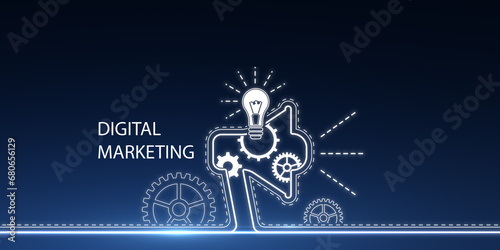 Creative digital marketing hologram on blue background. Promotion and alert concept. 3D Rendering.