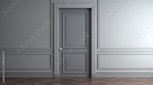  an empty room with a wooden floor and a door in the center of the room is a herringbone floor and a gray wall with white paneled paneling.