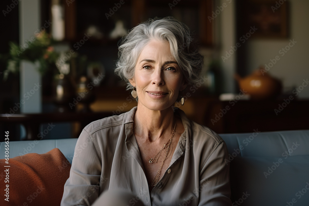 Joyful Moments Smiling Middle-Aged Woman Relaxing on a Vintage Sofa in the Comfort of Her Home, Embracing the Tranquility of Single Senior Living. created with Generative AI Joyful Moments Smiling Middle-Aged Woman Relaxing on a Vintage Sofa in the Comfort of Her Home, Embracing the Tranquility of Single Senior Living. created with Generative AI