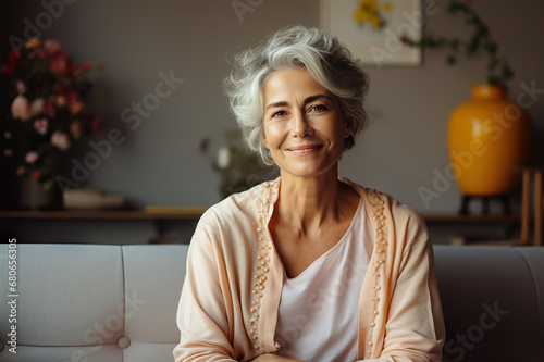Joyful Moments Smiling Middle-Aged Woman Relaxing on a Vintage Sofa in the Comfort of Her Home, Embracing the Tranquility of Single Senior Living. created with Generative AI