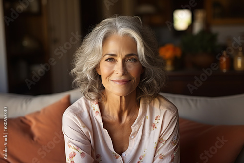 Joyful Moments Smiling Middle-Aged Woman Relaxing on a Vintage Sofa in the Comfort of Her Home  Embracing the Tranquility of Single Senior Living. created with Generative AI