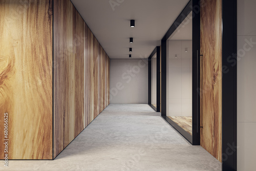 Simple glass office hall interior with wooden and concrete walls, window with city view. 3D Rendering.