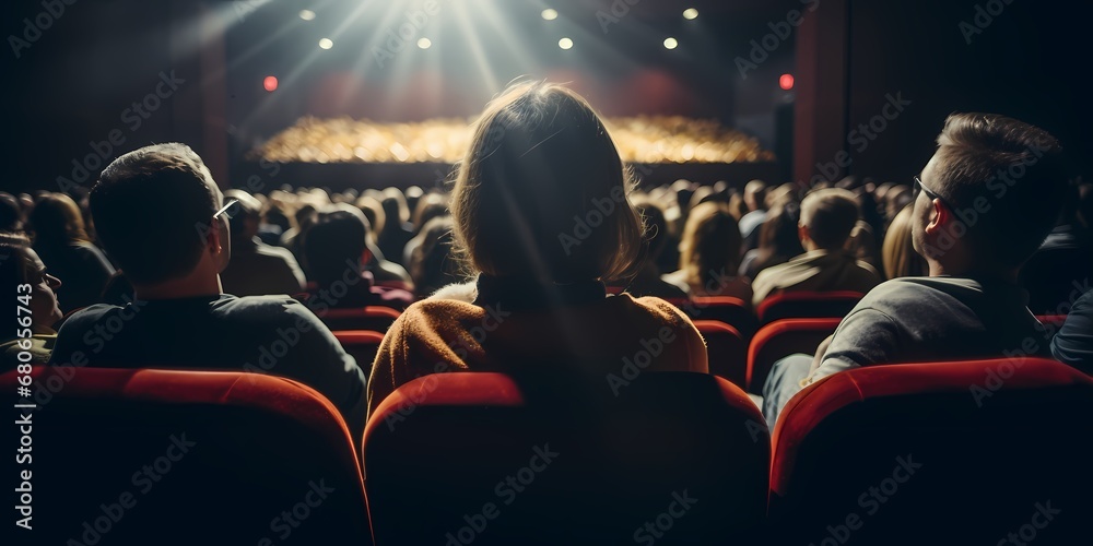 Audience watching a movie in the cinema. Back view of people sitting in the auditorium - generative ai - obrazy, fototapety, plakaty 