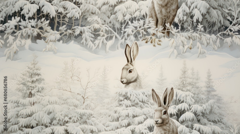 a painting of two rabbits in front of a snowy landscape with pine trees ...