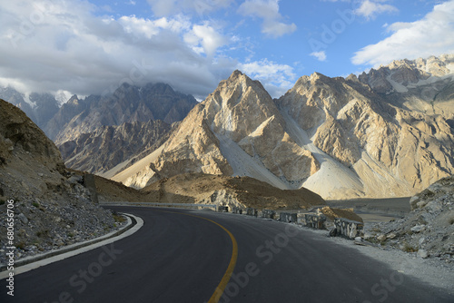 Tupopdan 6,106 meters (20,033 ft) also known as 'Passu Cones' or 'Passu Cathedral', behind the Karakoram Highway in Gilgit Baltistan, Pakistan