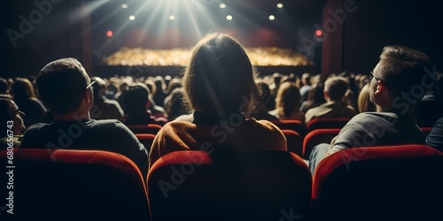 Audience watching a movie in the cinema. Back view of people sitting in the auditorium - generative ai photo