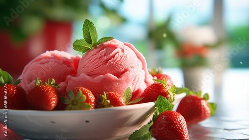 Scoops of cold sweet refreshing berry ice cream or organic sorbet of pink color decorated with juicy ripe strawerry photo