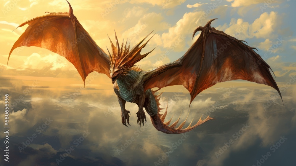 a painting of a dragon flying in the sky with clouds in the foreground ...