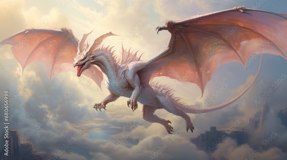  a white dragon flying over a city in a cloudy sky with a city in the background and clouds in the foreground, with buildings in the foreground, and in the foreground, the foreground, is a. - obrazy, fototapety, plakaty 