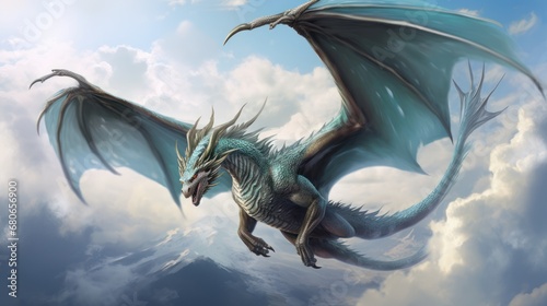  a painting of a blue dragon flying through the air with its wings spread out in front of a blue sky with white clouds and a mountain range in the background.