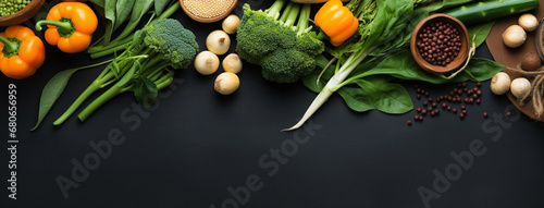 Flat lay vegetarian day banner photograph of different types of green vegetables in black background for text and mockup editing