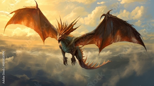  a painting of a dragon flying in the sky with clouds in the foreground and the sun in the sky behind it  with clouds in the foreground  and in the foreground.