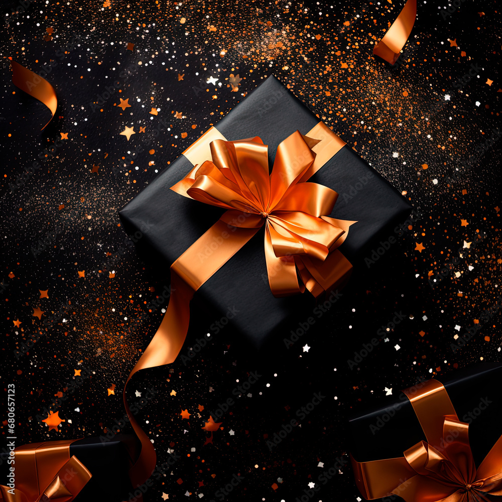 A gift wrapped in paper and tied with ribbon. Dark New Year's background. Generative AI A gift wrapped in paper and tied with ribbon. Dark New Year's background. Generative AI