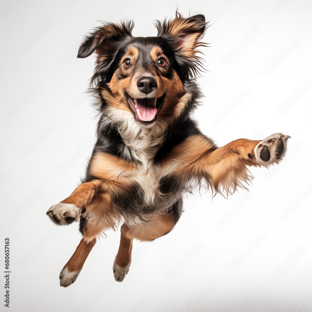 a dog jumping in a white background fronting view