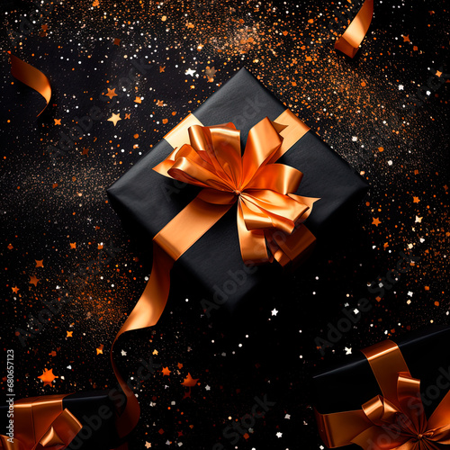 A gift wrapped in paper and tied with ribbon. Dark New Year's background. Generative AI
