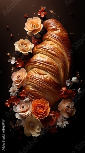 Croissant decorated with flowers, fresh and delicious. On a brown background with space for text.
