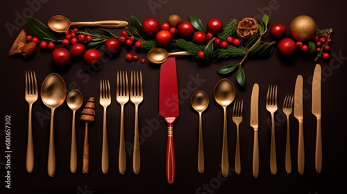  a set of golden forks, knives, spoons, spoons, spoons, spoons, and spoons on a dark background with red berries and holly.