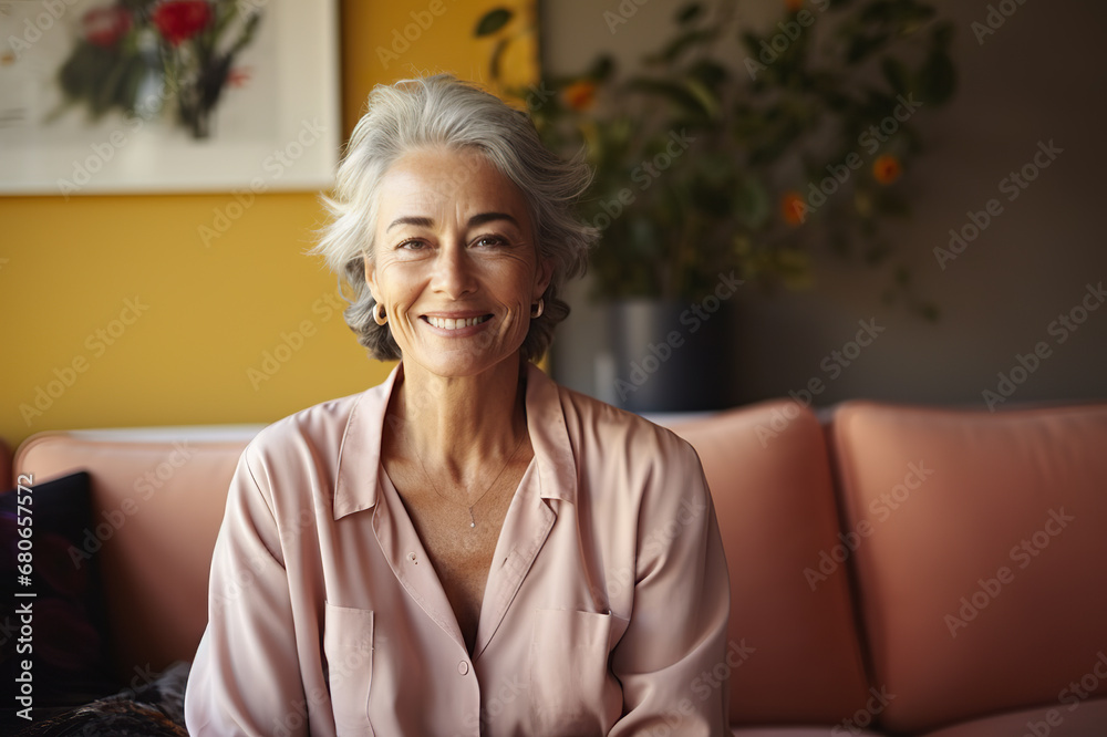 Joyful Moments Smiling Middle-Aged Woman Relaxing on a Vintage Sofa in the Comfort of Her Home, Embracing the Tranquility of Single Senior Living. created with Generative AI Joyful Moments Smiling Middle-Aged Woman Relaxing on a Vintage Sofa in the Comfort of Her Home, Embracing the Tranquility of Single Senior Living. created with Generative AI
