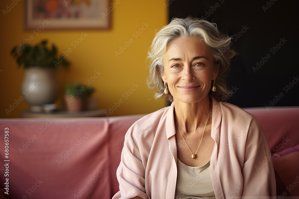 Joyful Moments Smiling Middle-Aged Woman Relaxing on a Vintage Sofa in the Comfort of Her Home, Embracing the Tranquility of Single Senior Living. created with Generative AI Joyful Moments Smiling Middle-Aged Woman Relaxing on a Vintage Sofa in the Comfort of Her Home, Embracing the Tranquility of Single Senior Living. created with Generative AI