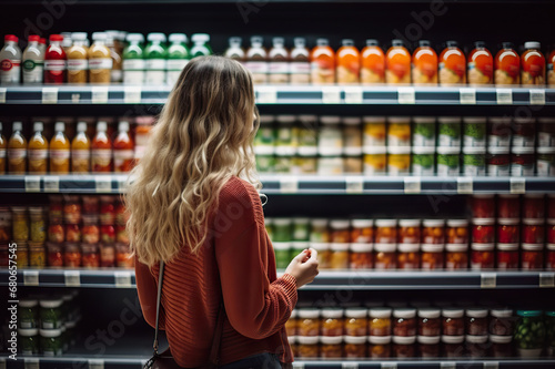 Conscious Consumerism Woman Thoughtfully Navigating Supermarket Aisles, Prioritizing Nutritional Values, Prices, and Composition in Sustainable Shopping Experience. created with Generative AI