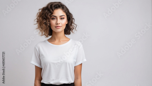 Young girl wearing white t-shirt smiling facing the camera, empty space isolated on bright white background © adynue