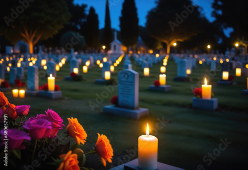 evening miniature cemetery with a cozy atmosphere and lit candles