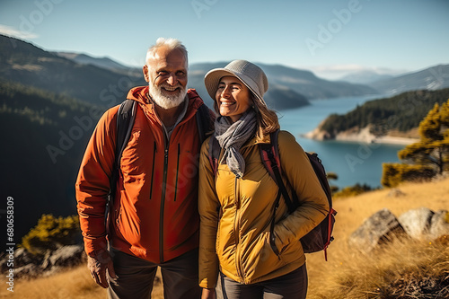 Awe-Inspiring Retirement Senior Couple Marvels at Pacific Coast Beauty, Embracing Nature's Wonders on a Mountain Hiking Adventure. created with Generative AI