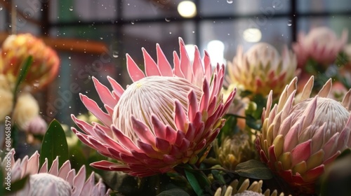 Beautiful pink protea flowers in a flower shop,