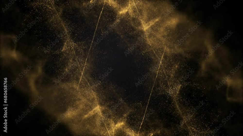 golden particles lines flow loop bg, glittering golden lines diagonal animated on dark background. Seamless loop