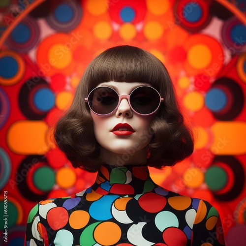 Wearing sunglasses, a mod girl from the 1960s poses against a psychedelic backdrop.