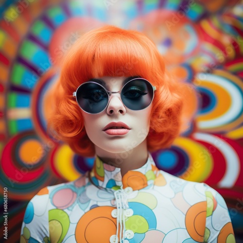 A mod girl from the 1960s dons sunglasses against a psychedelic background.