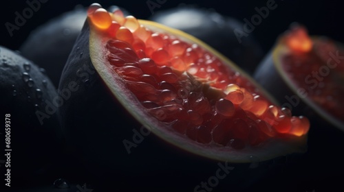  a close up of a grapefruit cut in half with drops of water on the top of the grapefruit and the whole grapefruit in the background.