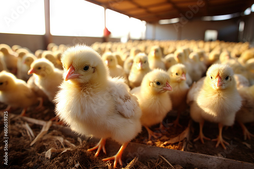 Charming Broiler Chicks A Delightful Group of Fluffy Little Ones on a Vibrant Farmstead. created with Generative AI