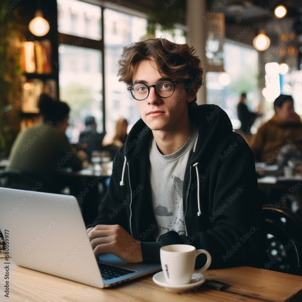 In a cafe, a teenage boy with average hair and fair skin sits with a laptop in hand, sporting glasses.