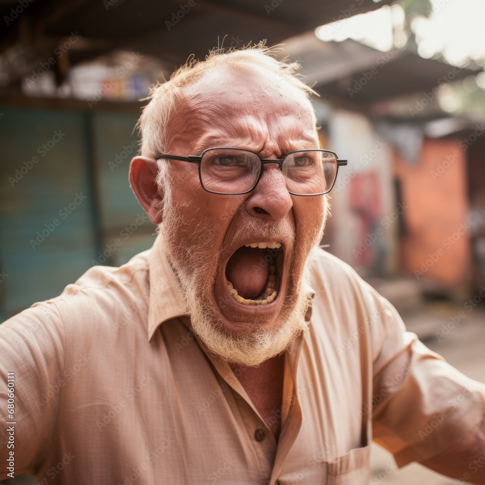In the midst of a trip, an angry older American man raises his voice in rage. In the midst of a trip, an angry older American man raises his voice in rage.