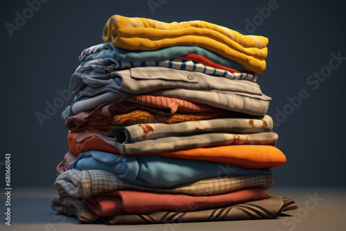 A stack of clothes on a dark blue background. Second hand. AI generative.