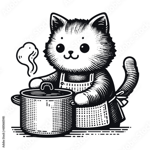 cute cat cook wearing an apron and holding a cooker pot sketch
