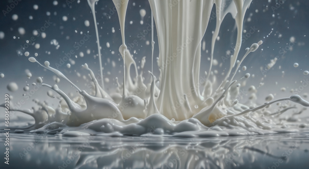 White milk or cream stream and drops in the air background