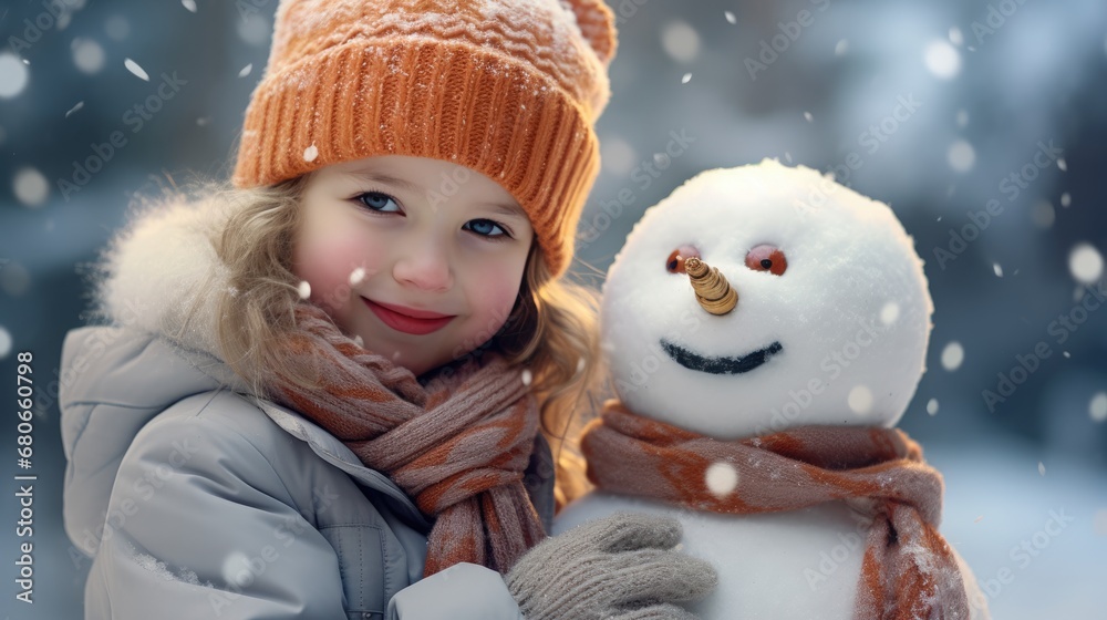 A funny little girl in a bright hat and a warm coat plays with a snowman. In winter, children play outside. Children have fun at Christmas. A child makes a snowman for Christmas. A funny little girl in a bright hat and a warm coat plays with a snowman. In winter, children play outside. Children have fun at Christmas. A child makes a snowman for Christmas.