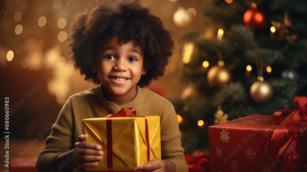 New Year concept. Adorable cute little child near the Christmas tree with gifts. New Year New Year concept. Adorable cute little child near the Christmas tree with gifts. New Year
